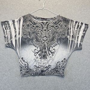 Body Central Cropped Top Baroque Scroll Print Gray Black Medium
